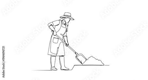 Female farmer digging soil with pitchfork one line drawing. Continuous line agriculture and gardening concept. Minimalist vector illustration isolated on white background