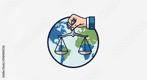 Hand holding balance scales in front of earth globe symbolizing justice and global harmony