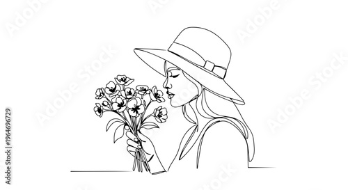 One line drawing of a woman in a hat smelling flowers. Continuous line spring portrait illustration. Minimalist vector design