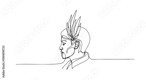 One line drawing of a woman profile with feathered headpiece. Continuous line vintage fashion illustration. Minimalist vector design