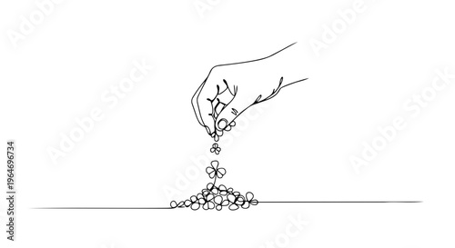 Hand sowing seeds in soil one line drawing. Continuous line spring agriculture and gardening concept. Minimalist vector illustration isolated on white background