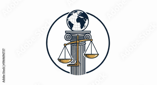 Law and justice symbol with scales and globe on column representing fairness and equality in a circular emblem