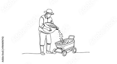 One line drawing of a farmer pouring seeds into a spreader cart. Continuous line art agricultural worker illustration. Minimalist spring farming vector isolated on white background