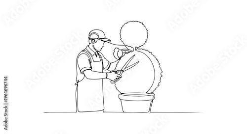 One line drawing of a gardener pruning a potted bush with shears. Continuous line art landscaping illustration. Minimalist spring gardening vector isolated on white background