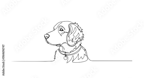 One line drawing of a dog head profile. Continuous line pet animal portrait illustration. Minimalist vector design isolated on white background