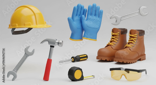 Construction tools and protective gear for safety on a work site with a hard hat gloves boots and goggles