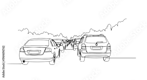 One line drawing of cars in a traffic jam. Continuous line road transport illustration. Minimalist vector design isolated on white background