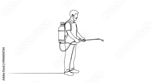 One line drawing of a worker using a backpack sprayer. Minimalist continuous line vector illustration of agricultural pest control