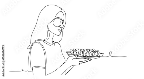 One line drawing of a woman holding a plate of meat skewers. Minimalist continuous line vector illustration of a spring barbecue