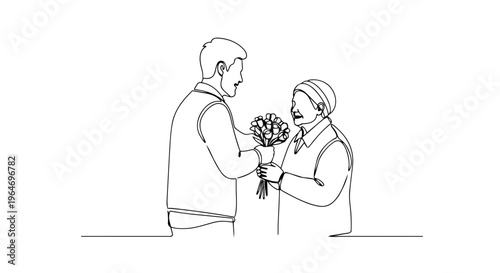 One line drawing of a man giving a bouquet of flowers to an older woman. Minimalist continuous line vector illustration of a spring gift