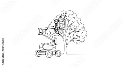 Arborist trimming tree in aerial lift one line drawing. Minimalist continuous line art vector illustration