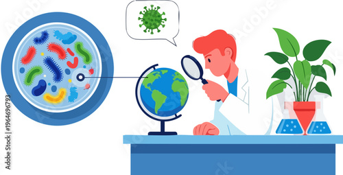 Scientist in laboratory coat meticulously studying global microorganisms like viruses and bacteria through a magnifying glass next to a petri dish containing diverse colorful germs