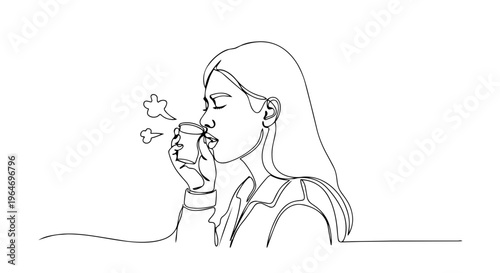 Woman drinking hot coffee one line drawing. Minimalist continuous line art vector illustration