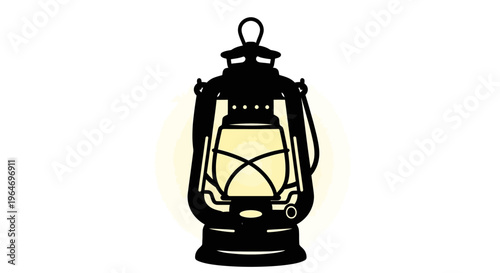 Vintage-style lantern with transparent glass panel and black metal frame emits warm yellow light against a neutral background.