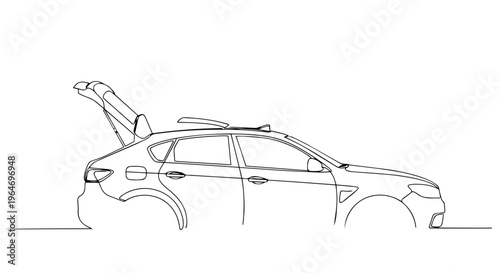One line drawing of a car with an open trunk. Continuous line minimalist vector illustration of vehicle transportation