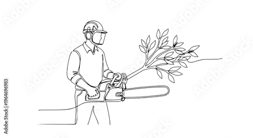 One line drawing of a man using a chainsaw to cut a tree branch. Continuous line minimalist vector illustration of landscaping work