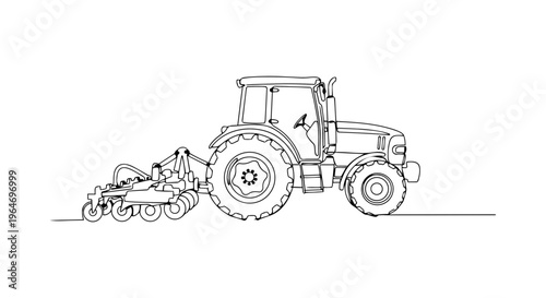 Tractor with plow continuous one line drawing. Agricultural cultivator machinery for field preparation. Minimalist vector illustration isolated on white background