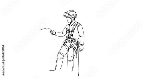 Continuous one line drawing of a rope access technician. Worker in safety harness and helmet. Minimalist vector illustration