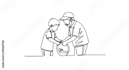 One line drawing of grandfather and grandson holding a bucket. Continuous line vector illustration of family gardening in spring. Minimalist design isolated on white background