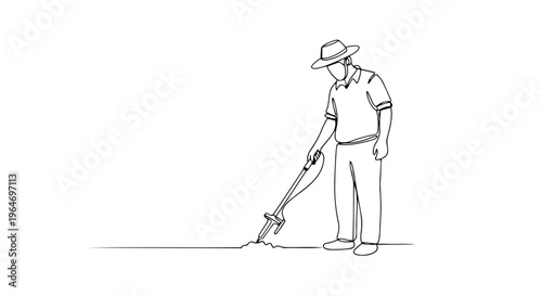 One line drawing of a man using a weed trimmer. Continuous line vector illustration of spring gardening and lawn care. Minimalist landscape worker design