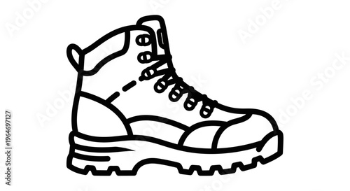 Black-and-white line illustration of a rugged hiking boot with thick soles and lace-up closure positioned on a neutral background.