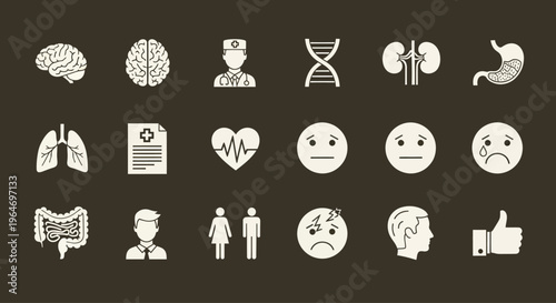 Medical Icons Set: Health, Brain, Doctor, DNA, Organs, Emotions, Human Body
