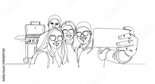 One line drawing of friends taking a selfie at a barbecue. Continuous line vector illustration of group gathering in spring. Minimalist outdoor party design