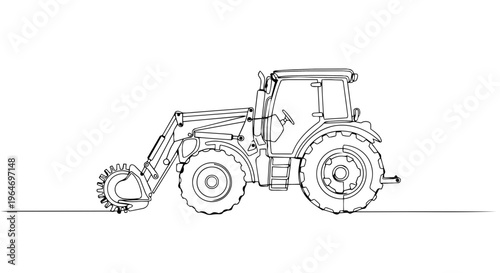 Continuous one line drawing of a tractor with a front trencher attachment. Agricultural and construction machinery. Minimalist vector illustration