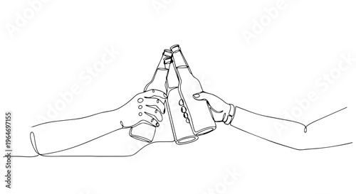One line drawing of hands clinking beer bottles. Celebration and party toast concept. Minimalist continuous line art vector illustration