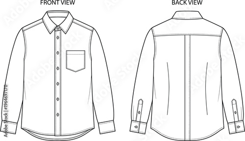 A technical illustration depicts a classic long sleeved button down shirt shown from both front and back perspectives high quality professional detailed modern