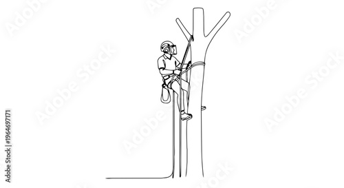 Continuous one line drawing of an arborist climbing a tree. Forestry worker with safety harness. Minimalist vector illustration
