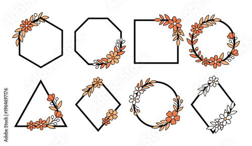 A collection of eight geometric frames decorated with hand drawn floral and botanical elements