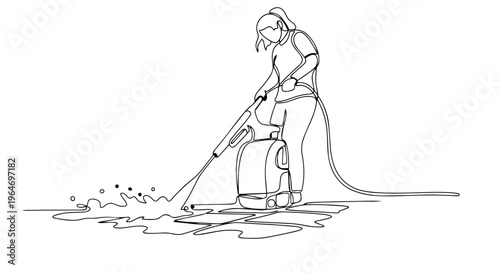 One line drawing of a woman using a pressure washer. Continuous line vector illustration of spring cleaning patio tiles. Minimalist housework concept