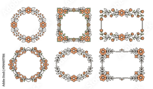A collection of six elegant hand drawn floral frames with circular and rectangular shapes design