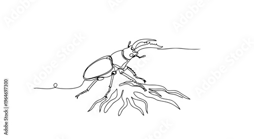 Stag beetle on a root one line drawing. Continuous line minimalist vector illustration of insect and nature concept. Isolated on white background