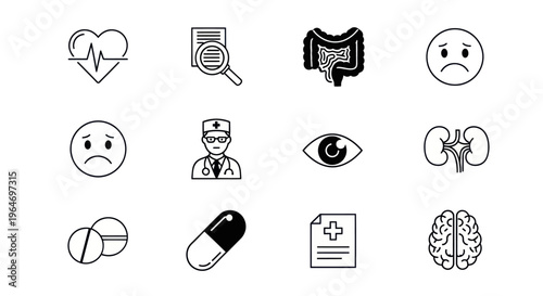 Medical Icons Set: Health, Diagnosis, Organs, Doctor, Care, Medicine, Brain