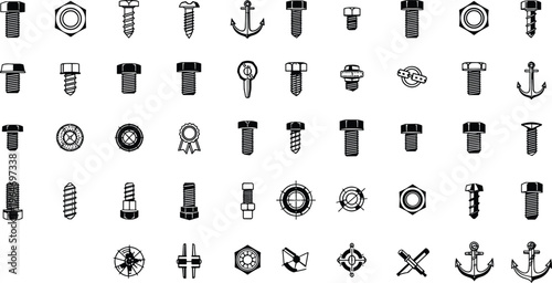 A collection of various black and white fasteners including bolts screws nuts and anchors arranged on a white background high quality professional detailed
