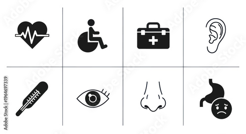 Medical Icons Set: Health, Disability, First Aid, Ear, Thermometer, Eye, Nose, Stomach