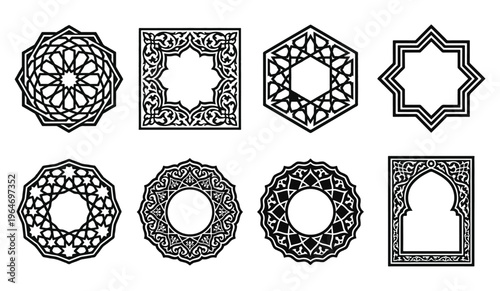 A collection of eight intricate islamic geometric border designs and decorative frame elements