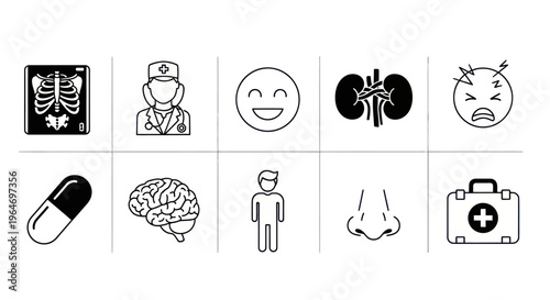 Medical Icons Set: Health, Doctor, Kidneys, Brain, X-ray, Pills, Face