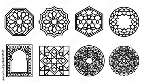 A collection of eight distinct geometric patterns inspired by traditional islamic art designs