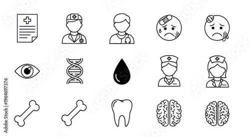 Medical Icons Set: Health, Doctor, Nurse, DNA, Tooth, Brain, Eye, Blood Drop