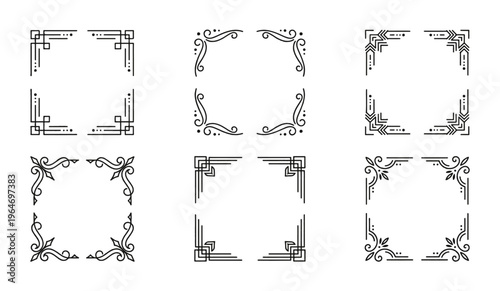 A collection of six decorative corner border designs rendered in a simple black ink line style.
