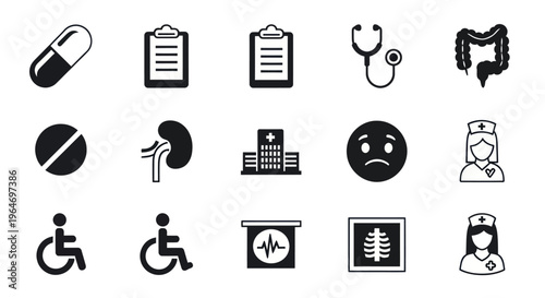 Medical Icons Set: Health, Hospital, Doctor, Nurse, Kidney, Pills, X-ray