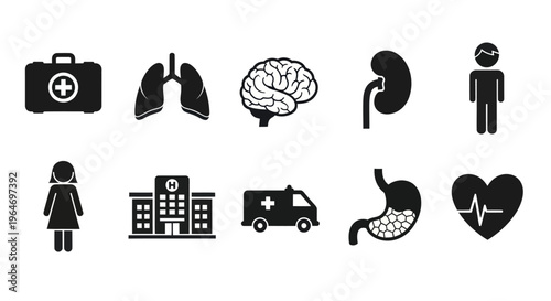 Medical Icons Set: Health, Hospital, Brain, Lungs, Heart, Ambulance