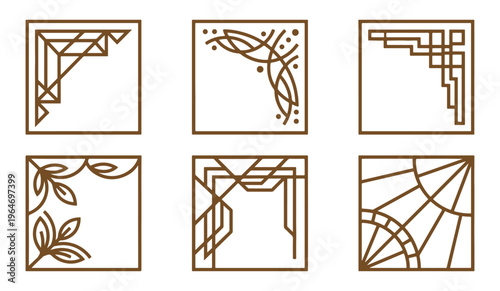 A collection of six unique decorative corner border designs featuring diverse artistic styles