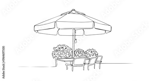 Outdoor patio furniture with umbrella and plants. One line drawing of garden table and chairs. Minimalist vector illustration