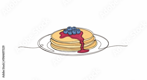 One line drawing of pancakes with blueberries and syrup. Minimalist breakfast food vector illustration. Isolated on white background