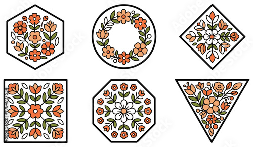 A collection of diverse geometric frames containing intricate floral and botanical line art designs