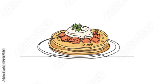 One line drawing of savory pancakes with salmon and cream. Minimalist gourmet food vector illustration. Isolated on white background